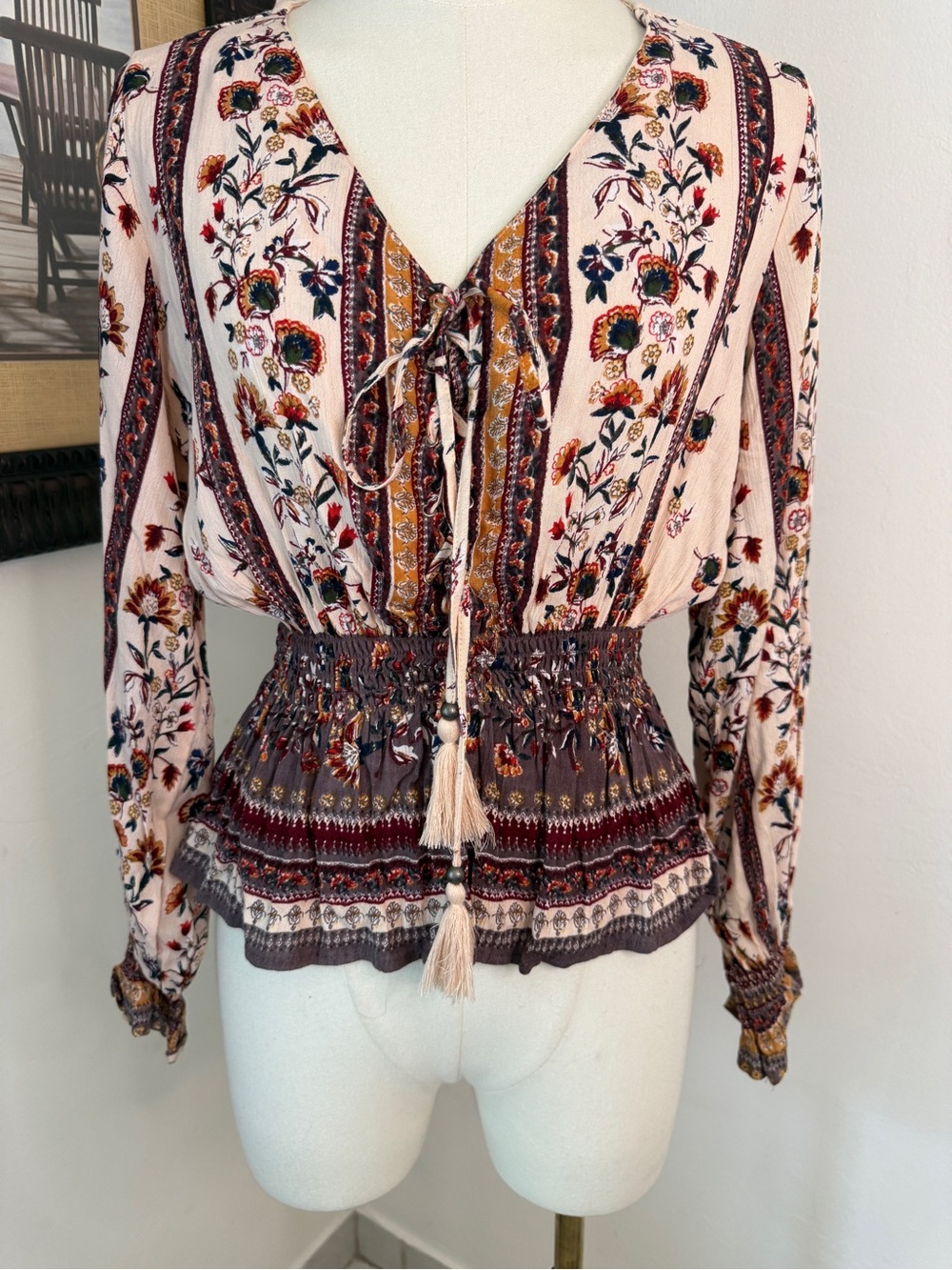 Angie Floral Tie-Front Smocked Peplum Blouse